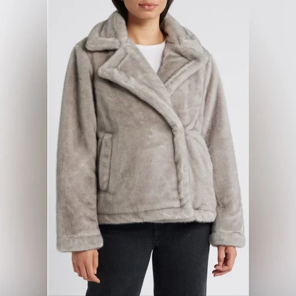 New! Sam Edelman Notched Lapel Women's Gray Faux Fur Coat Size XL - Picture 7 of 15